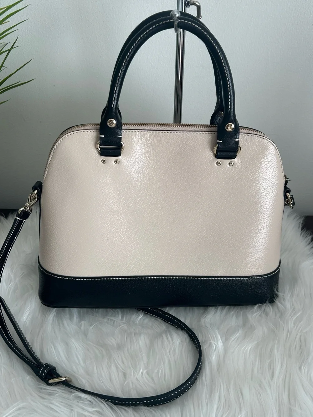 Kate Spade Cream Black Leather Dome Satchel Crossbody Shoulder Bag